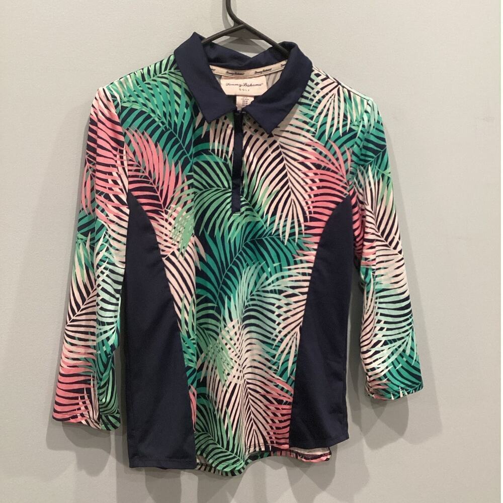 Tommy Bahama Womens Golf Shirt Size Medium Tropical UPF 50 Navy Blue Palm Beachy
